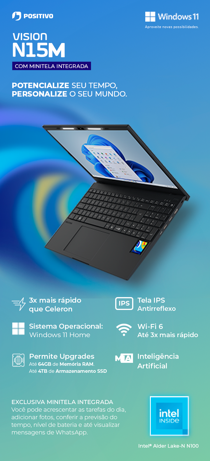 Notebook Positivo Vision N15M Intel® N100 Windows 11 Home 8GB RAM