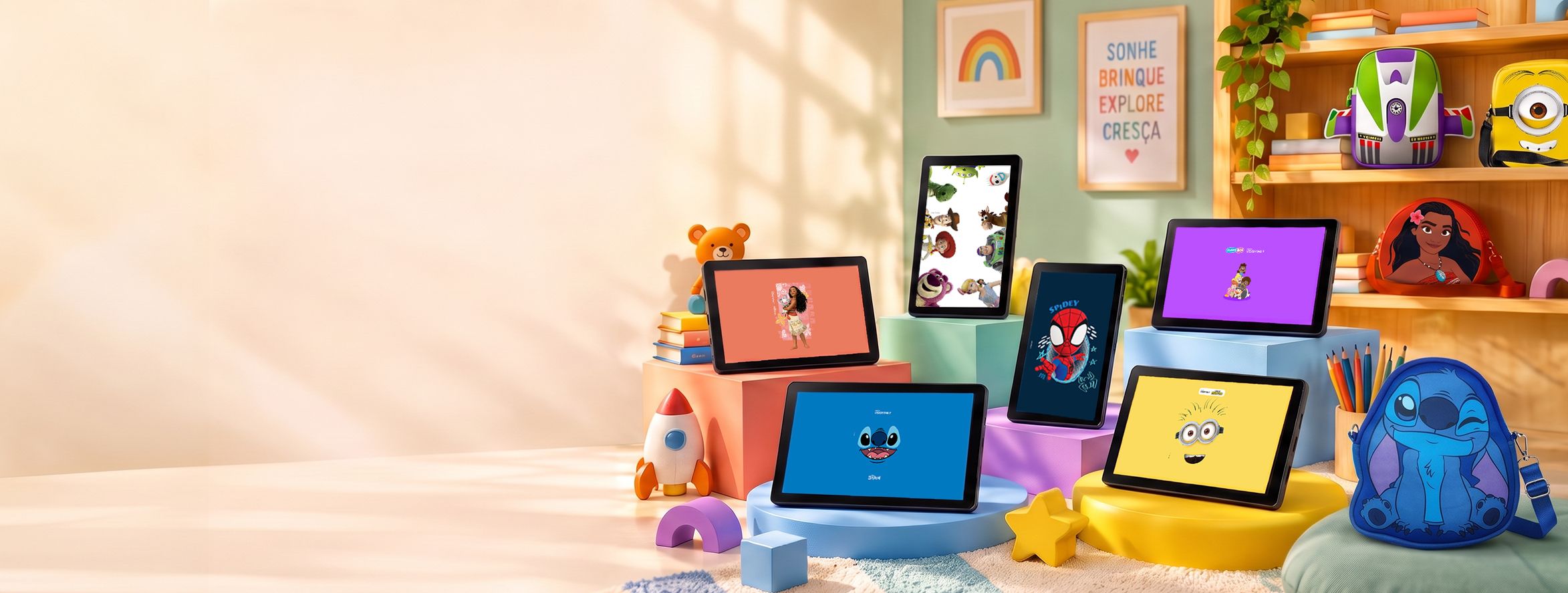 Tablets infantis Positivo Vision TAB 7 nas edições Stitch, Minions, Toy Story, Spidey e Moana