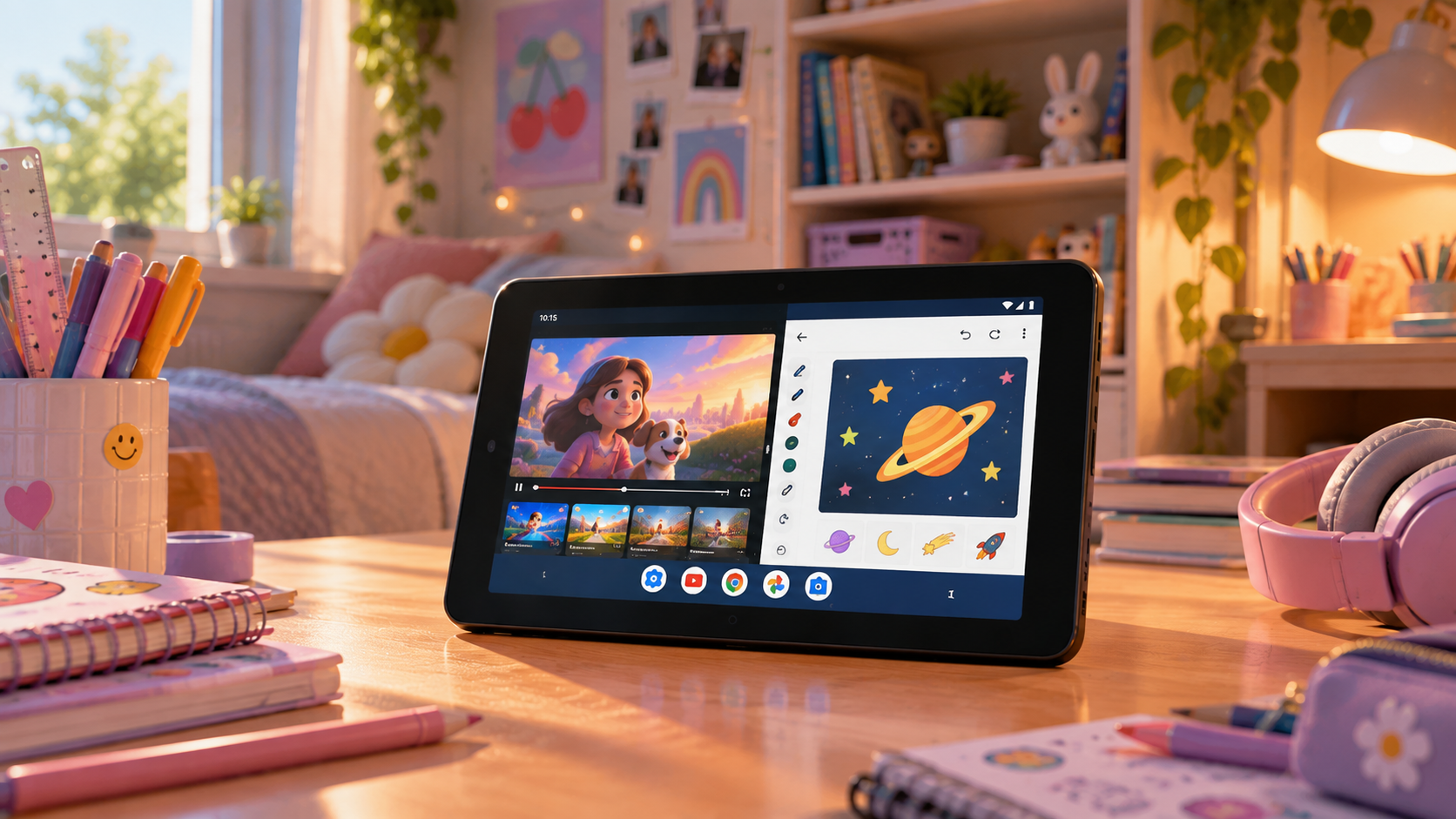 Vision TAB 7 com Android 14 em tela dividida sobre a mesa