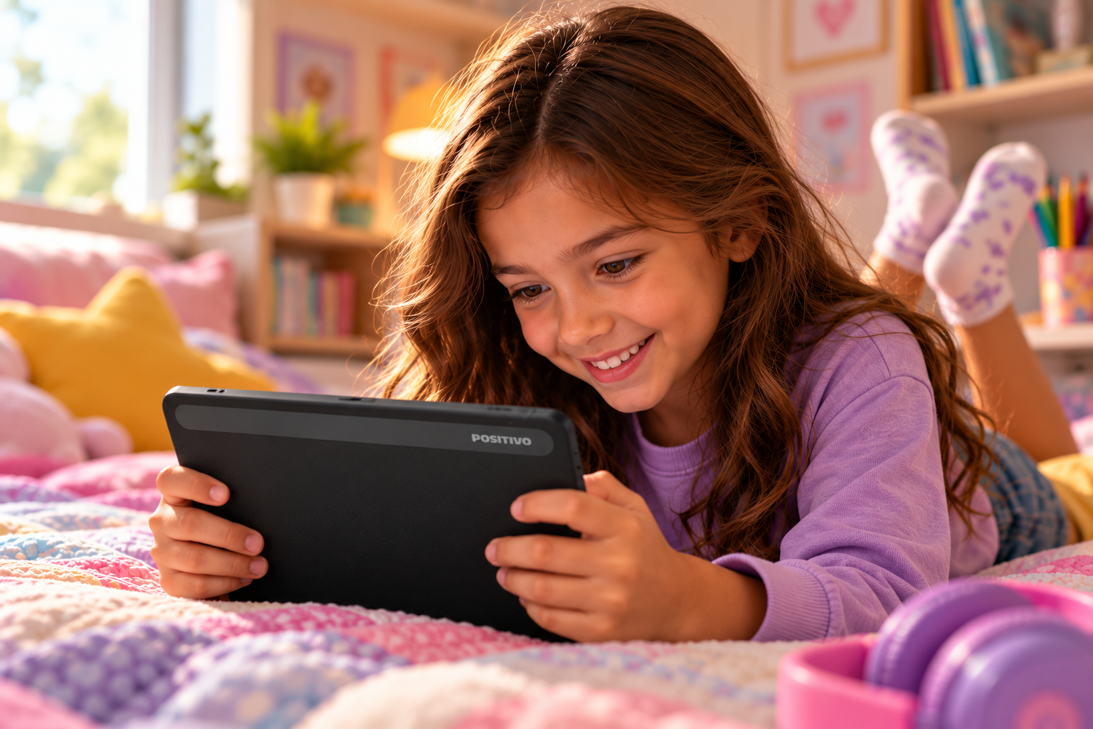 Menina deitada na cama sorrindo enquanto usa o Vision TAB 7