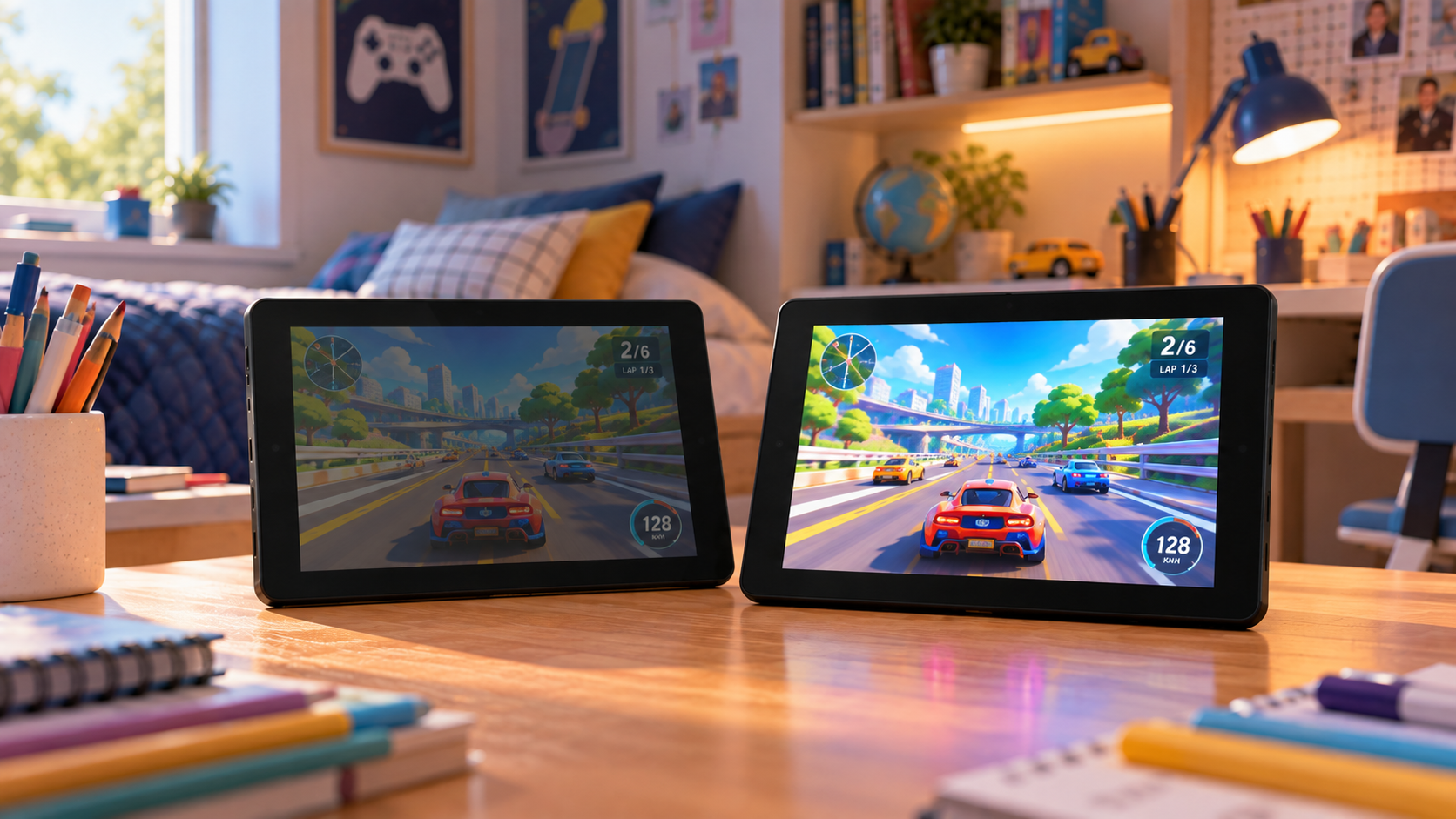 Dois tablets lado a lado comparando um display convencional com o display IPS do Vision TAB 7